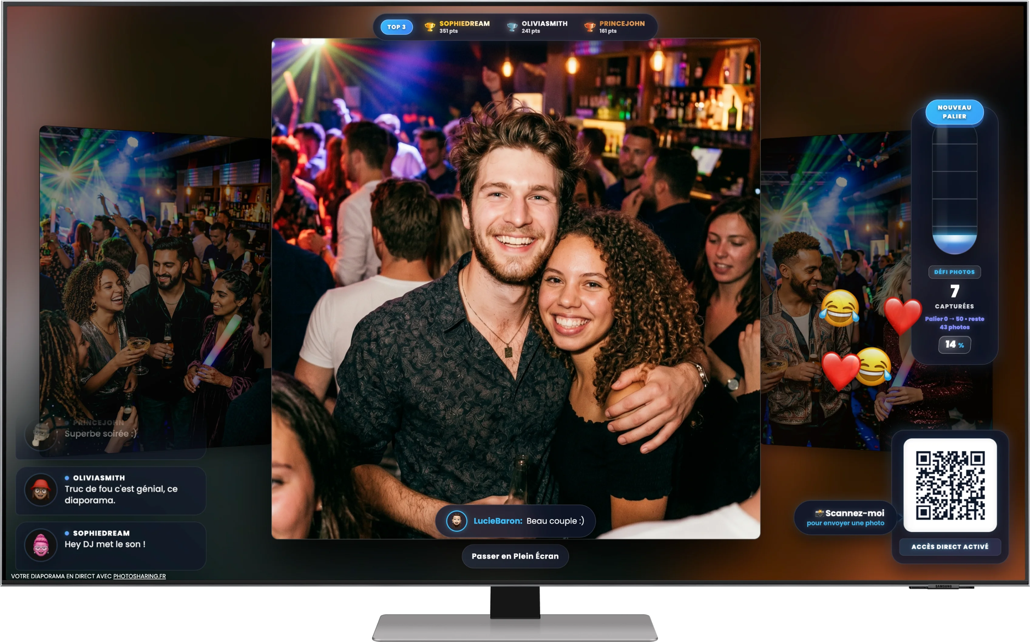 Écran PhotoSharing avec diaporama interactif, QR Code, chat en direct, Jukebox et animations événementielles