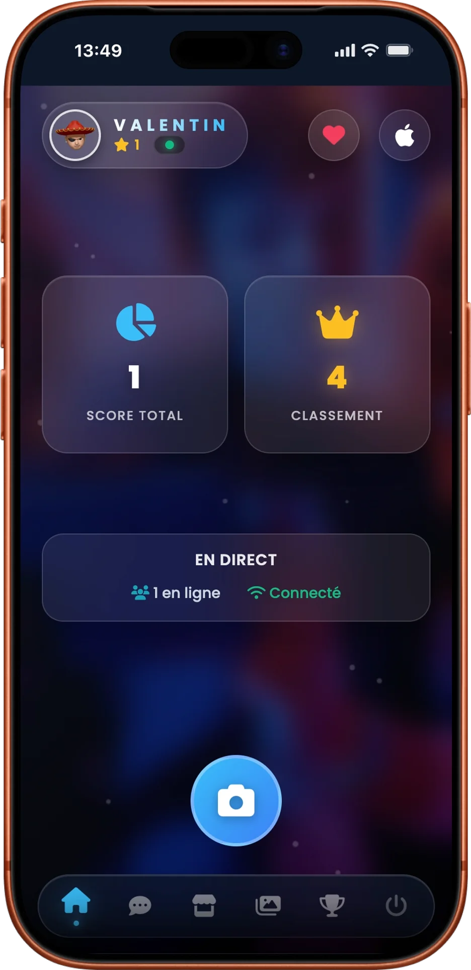 Interface mobile de l'application web PhotoSharing avec QR Code, envoi de photos, chat, réactions, galerie, Jukebox et animations live